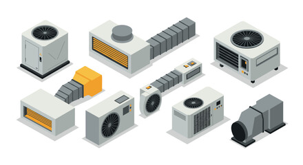 Isometric hvac system components set with air ducts and vents