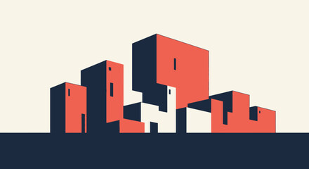 Naklejka premium Abstract Geometric Buildings in Red and White on Dark Blue.