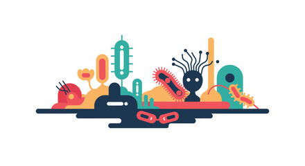 Obraz premium Colorful illustration of various microorganisms and bacteria in a row.