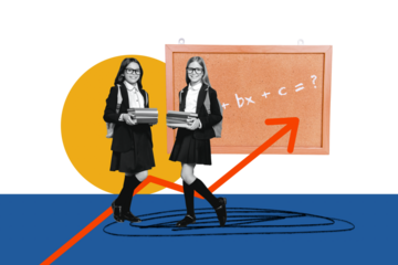 Creative poster collage of two girls hold books math lesson school day shopping kids education concept freak bizarre unusual fantasy