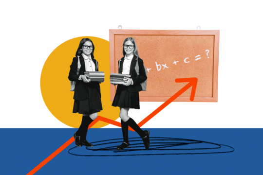 Creative poster collage of two girls hold books math lesson school day shopping kids education concept freak bizarre unusual fantasy