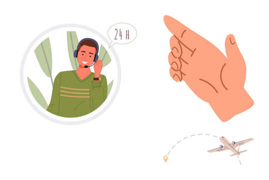 Customer support agent with headset and 24H chat bubble, pointing hand gesture, airplane with location pin and path. Ideal for travel, logistics, assistance, service, customer care, navigation time - Powered by Adobe