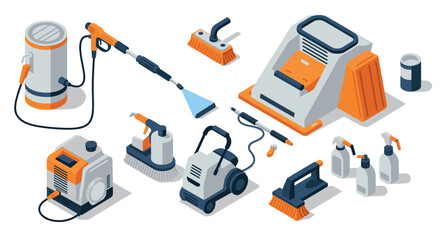 Isometric cleaning equipment set with vacuum, sprayer, and brushes in modern style