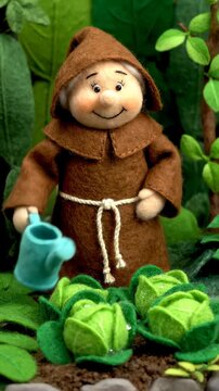 Wool Felt Monk Figurine Watering Cabbage Patch Garden