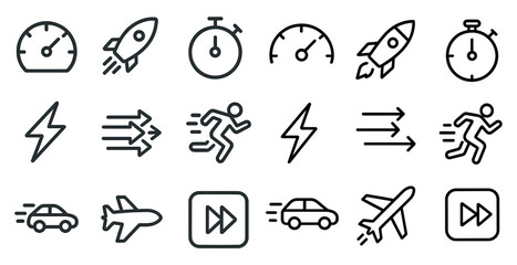 Speed and performance icons set – outline, linear, fast and quick symbols