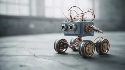 Gray robot with wires and wheels, advanced manufacturing in robotic mobility, robotics evolution in design variety, industrial automation in wheel systems, future engineering in me