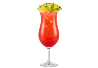 Isolated glass of red tropical cocktail garnished with pineapple and mint leaves, drink