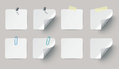 Vector white realistic square paper adhesive stickers set with curved corner and pins, clips, and adhesive tape on transparent background.