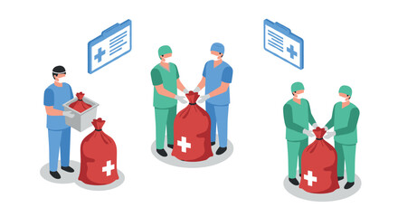 Isometric medical waste disposal with healthcare professionals and red biohazard bags
