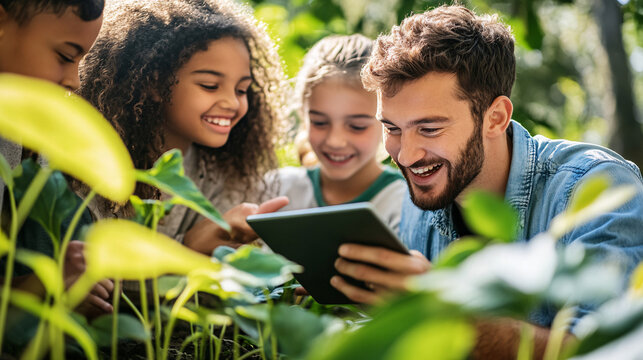 Engaging young minds with innovative outdoor learning using technology, fostering curiosity and connection with nature in vibrant, sunny educational settings