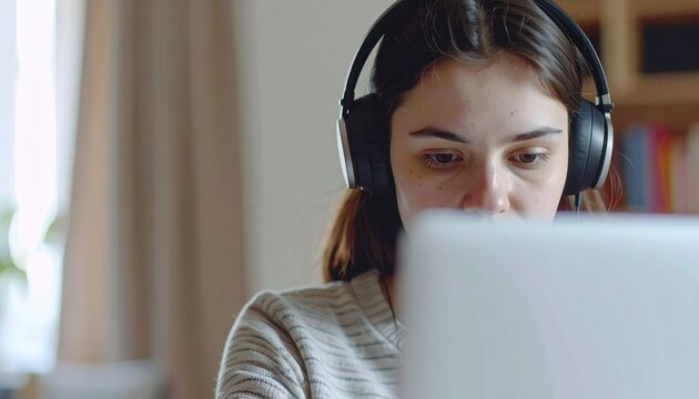 Focused woman wearing headphones working on laptop — remote work, study and concentration at home - Powered by Adobe