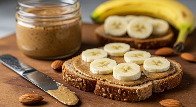 Delicious peanut butter and banana breakfast on whole grain bread with almonds