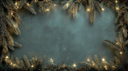Festive Evergreen Frame with Warm Lights on Dark Background, Ideal for Christmas Greetings and Holiday Invitations