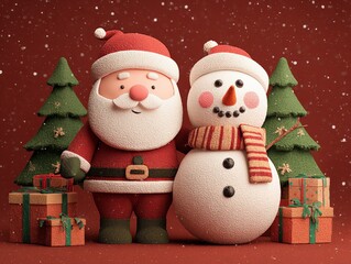 Fototapeta premium Festive Christmas Duo: Cheerful Santa Claus and Snowman with Presents and Pine Trees