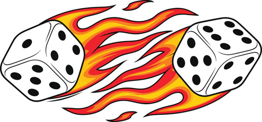 Flaming Dice Illustration – Stylized White Dice with Black Dots and Red-Orange Flames in Motion for Casino, Gaming, or Luck-Themed Branding and Design