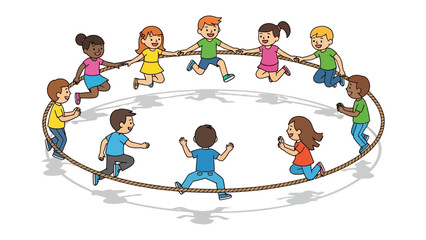 Joyful Ring of Play: A vibrant illustration captures a diverse group of children playfully running and holding hands in a joyous circle, creating a scene of fun and togetherness. 