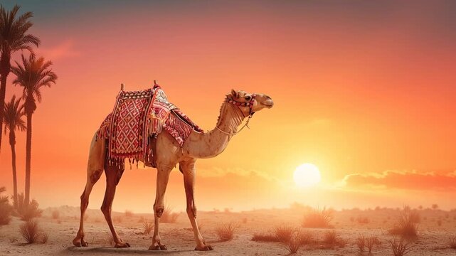 Camel walking in desert sunset landscape