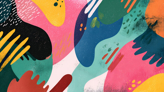 A vibrant and textured abstract composition featuring organic shapes and playful patterns in a dynamic arrangement of colorful elements.