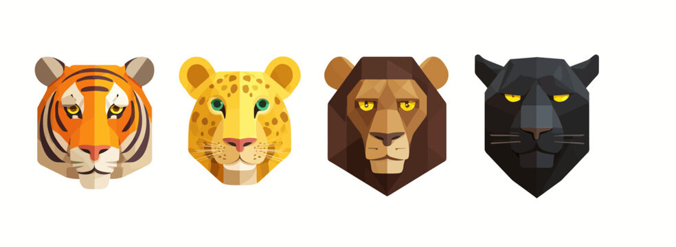 A geometric illustration displaying faces of four majestic felines tiger, leopard, lion, and panther