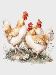 Fototapeta premium Three chickens standing together on green grass surrounded by daisies in a natural setting