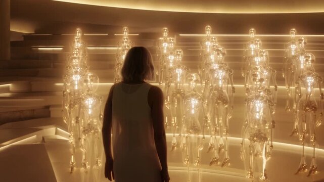 A human stands before a class of glowing AI students inside a luminous amphitheater.