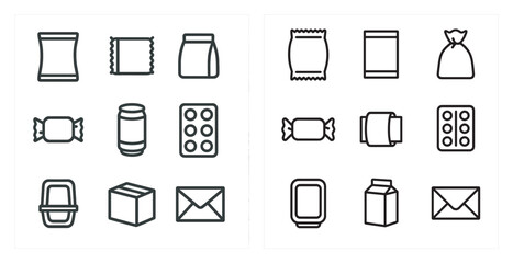 Grocery packaging icons set &ndash; outline, linear, shopping and product symbols