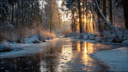 Golden sunrise reflecting on a frozen stream in a snow covered winter pine forest