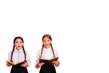 Composite photo collage of two amazed girls classmates read textbook literature lesson preparation bookworm isolated on painted background