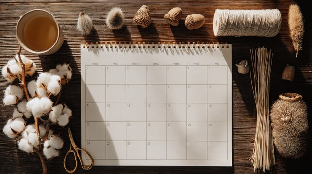 Blank Calendar on Wooden Surface Surrounded by Cotton Flowers, Tea, and Natural Elements