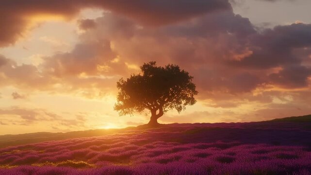 A lone tree silhouetted in a vibrant lavender field during a dramatic sunset