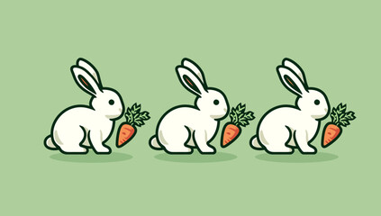 Three cartoon rabbits, each with a carrot, are set against a solid green background