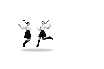 Composite photo collage of two happy girls classmates jump together back school concept education season isolated on painted background