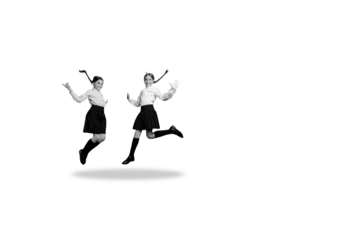 Composite photo collage of two happy girls classmates jump together back school concept education season isolated on painted background