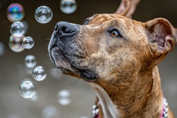 Dog enjoying playful moments as bubbles float around in a sunny outdoor setting