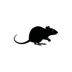 A solid black silhouette depicts a rodent with a curled tail against a white background