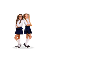 Composite photo collage of happy blonde brunette schoolgirls education concept wear uniform...