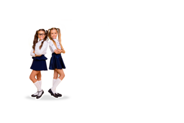 Composite photo collage of happy blonde brunette schoolgirls education concept wear uniform classmates isolated on painted background