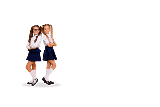 Composite photo collage of happy blonde brunette schoolgirls education concept wear uniform classmates isolated on painted background