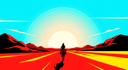 Cowboy riding horse towards the sunset in a desert landscape illustration