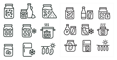 Pickle and fermentation line icons set – outline, jar, preservation symbols