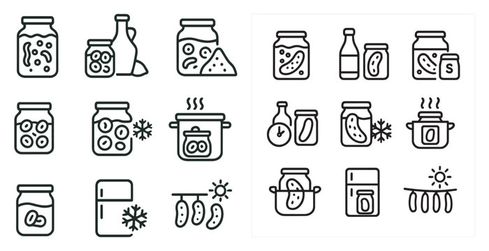 Pickle and fermentation line icons set &ndash; outline, jar, preservation symbols