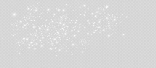 The dust sparks and white stars shine with special light. Vector sparkles on a transparent background. Christmas light effect. Sparkling magical dust particles.