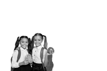 Composite photo collage of two happy girls classmates hold apple fruit sandwich school break lunch isolated on painted background