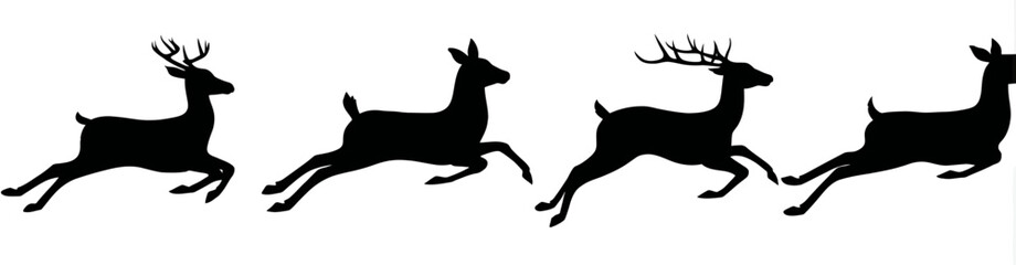 Silhouettes of four black deer in mid-jump, showcasing their antlers and graceful forms on a white background