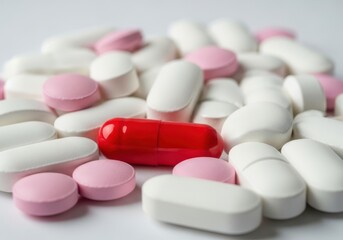 A pile of assorted white, pink, and one red capsuleshaped pills scattered on a white surface