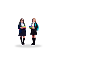 Composite photo collage of happy blonde brunette school classmates girls hold book stack literature lesson isolated on painted background