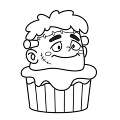 Biscuit cake with Halloween cartoon Frankensteins monster head decoration outline for coloring page on white background