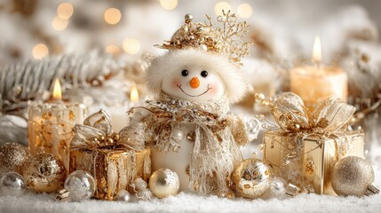 Festive Holiday Scene Featuring a Cheerful Snowman, Golden Gifts, Ornaments, and Candlelight for Christmas Celebrations