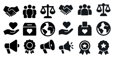 Charity and nonprofit solid icons set – silhouette, philanthropy, donation symbols