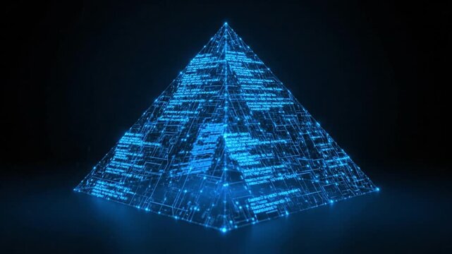 Glowing Blue Pyramid Structure of Digital Data, Showcasing Futuristic Technology and Innovation with Intricate Patterns and Mesmerizing Lines in Dark Atmosphere